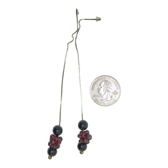 925 Sterling Silver Round Onyx and Garnet Beaded Pierced Ear Threaders Earrings - Picture 4 of 5